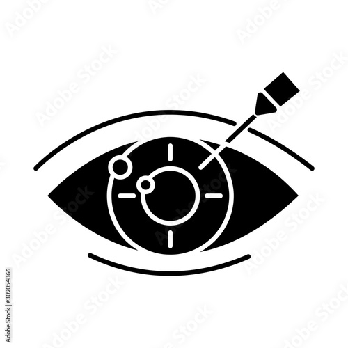 Vision correction glyph icon. Medical surgical procedure. Health care. Ophthalmology. Laser operation. Eye disorder recovery. Silhouette symbol. Negative space. Vector isolated illustration