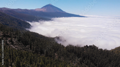 Aerial view - thick clouds cover the valley, pine forest and volcano. Tenerife, Spain