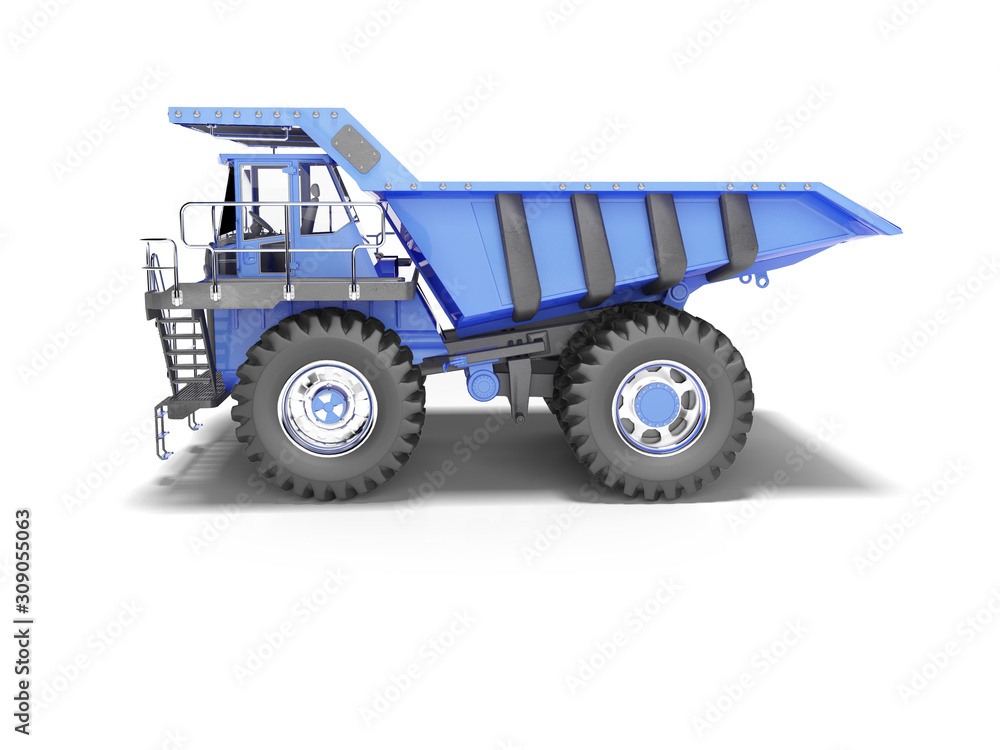 Obraz premium Big mining truck blue side view 3D rendering on white background with shadow