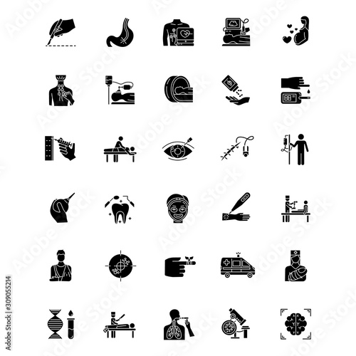 Medical procedure glyph icons set. Surgery. Endoscopy. Brain scan. First emergency aid. Blood test. Injury treatment. Vision correction. Pediatrics. Silhouette symbols. Vector isolated illustration