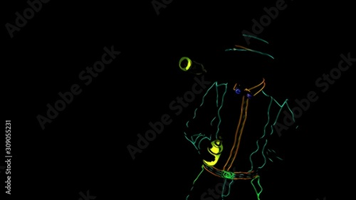 Barmen show. Anime. Animation. Performance. Barman, dressed in neon uniform is juggling, on black background. Slow motion. 4K.