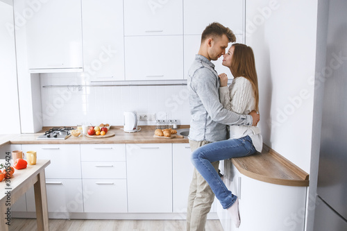Young couple together at home love concept moments