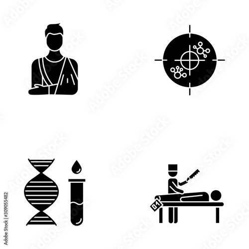 Medical procedure glyph icons set. Orthopedic cast. Immunotherapy. Genetic test. DNA helix and molecules. Autopsy diagnosis. Death cause examination. Silhouette symbols. Vector isolated illustration