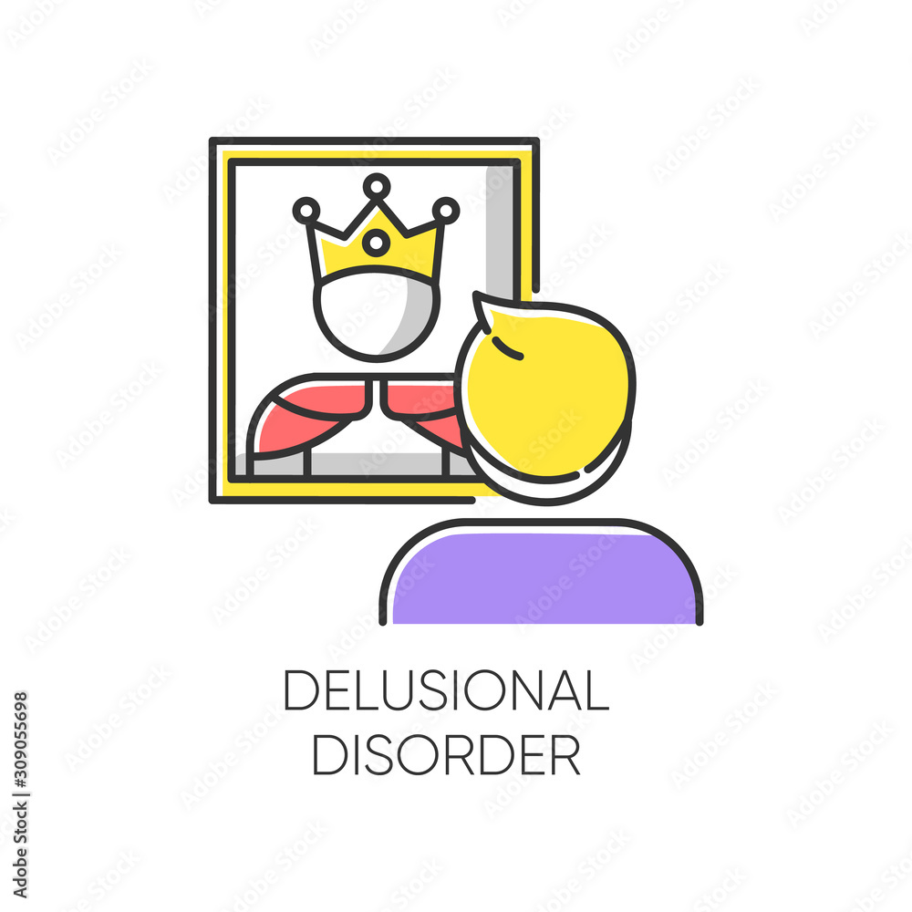 Delusional disorder color icon. Man in mirror reflection. Bizzare and false beliefs. Optical