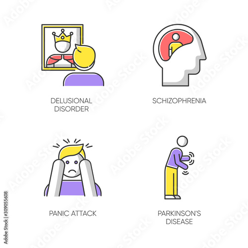 Mental disorder color icons set. Delusional person. Schizophrenia. Panic attack. Parkinson disease. Megalomania. Confused mind. Dementia. Tremor in movement. Isolated vector illustrations