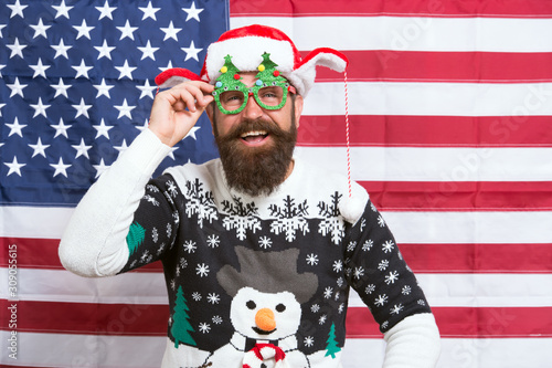 Decorate Christmas with american flag. Patriotic hipster celebrate winter holidays. National holidays. Happy holidays. Enjoy magic holidays. Dear Santa Ive been good © be free