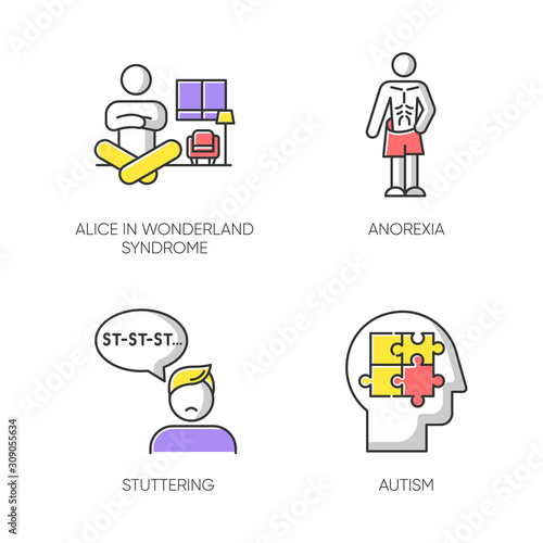 Mental disorder color icons set. Alice in wonderland syndrome. Anorexia. Eating disorder. Underweight body. Stuttering. Speech disorder. Repetition. Autism. Isolated vector illustrations