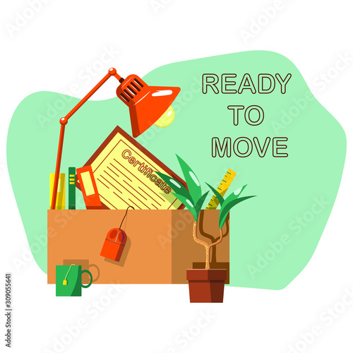 Ready to move concept flat cartoon illustration. Cardboard box with lamp, folders, certificate. Positive vector cartoon style relocation. Fully packed office stationery and plant. Orange, blue green.