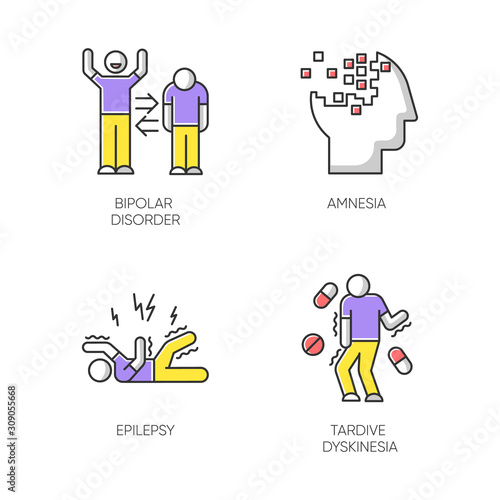 Mental disorder color icons set. Manic and depressive episodes. Bipolar personality disorder. Amnesia. Memory loss. Epileptic seizure. Tardive dyskinesia. Medication. Isolated vector illustrations