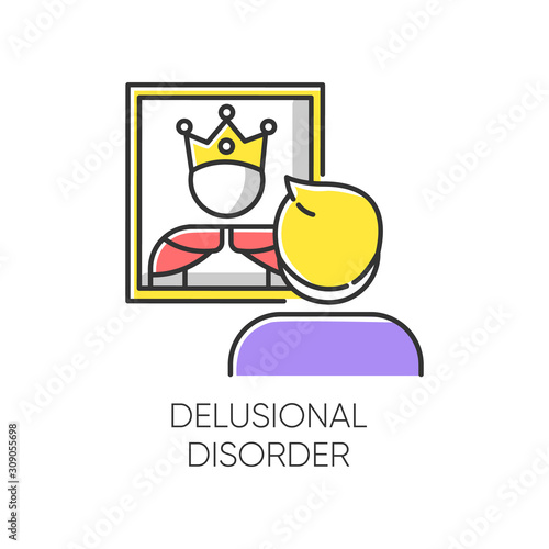 Delusional disorder color icon. Man in mirror reflection. Bizzare and false beliefs. Optical delusion. Megalomania. Clinical psychology. Mental illness. Isolated vector illustration