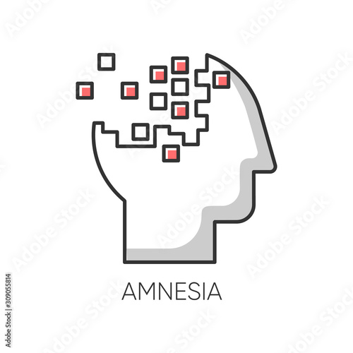 Amnesia color icon. Memory loss. Forgetting from brain injury. Trouble with remembering. Korsakoff syndrome. Mental disorder. Clinical psychology. Healthcare issue. Isolated vector illustration