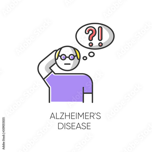 Alzheimer's disease color icon. Dementia. Memory loss. Trouble with thinking. Illness from old age. Elderly person. Mental disorder. Clinical psychology. Neurology. Isolated vector illustration