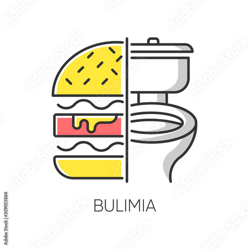 Bulimia color icon. Eating disorder. Depression and anxiety. Vomiting food in bathroom. Unhealthy hunger. Binge eating from stress. Psychological issue. Mental disorder. Isolated vector illustration