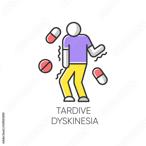 Tardive dyskinesia color icon. Tremor from medication. Movement problem from neuroleptics. Chorea, athetosis. Mental disorder. Neurological disease from pills. Isolated vector illustration