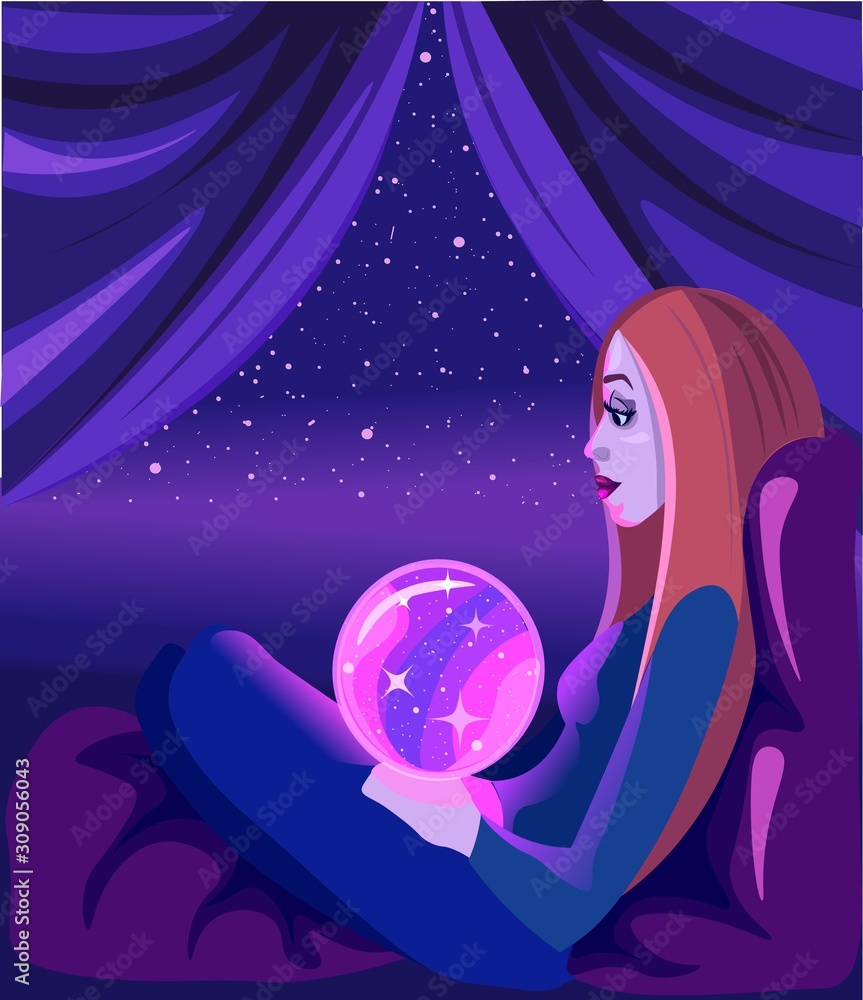 Meditating witch under the starry sky looking into the crystal ball, predicting the future. Fortune teller holding a glowing galaxy globe. Meditating witch under the starry sky looking into the crystal ball, predicting the future. Fortune teller holding a glowing galaxy globe.