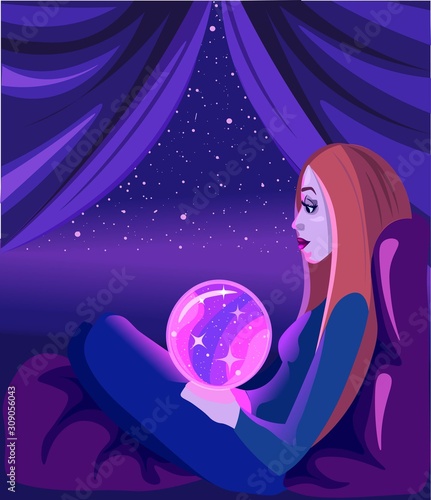 Meditating witch under the starry sky looking into the crystal ball, predicting the future. Fortune teller holding a glowing galaxy globe.