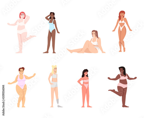 Women dressed in swimsuits and lingerie flat vector illustrations set. Body positive. Struggle for equality and feminism. Smiling ladies of different nationalities isolated cartoon characters