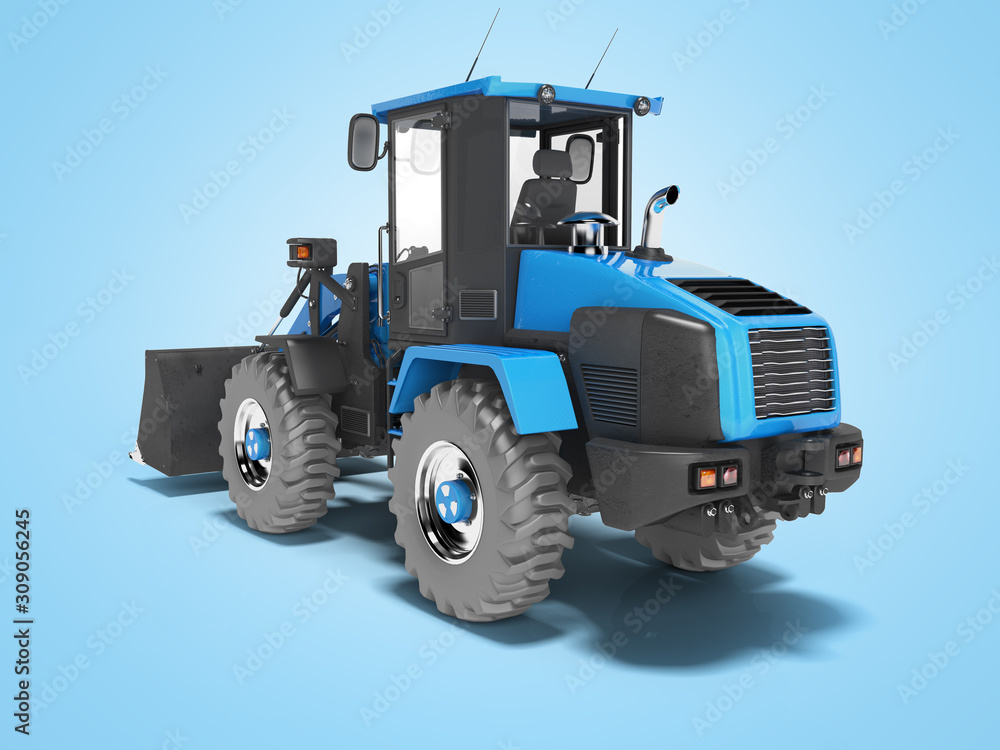 Blue road front loader rear view 3D rendering on blue background with shadow