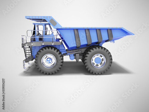 Big mining truck blue side view 3D rendering on gray background with shadow