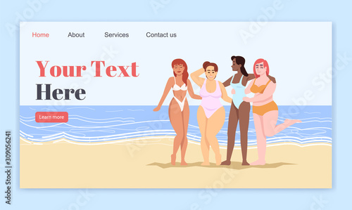 Body positive landing page vector template. Marine leisure website interface idea with flat illustrations. Smiling ladies in swimsuits homepage layout. Sea beach web banner, webpage cartoon concept
