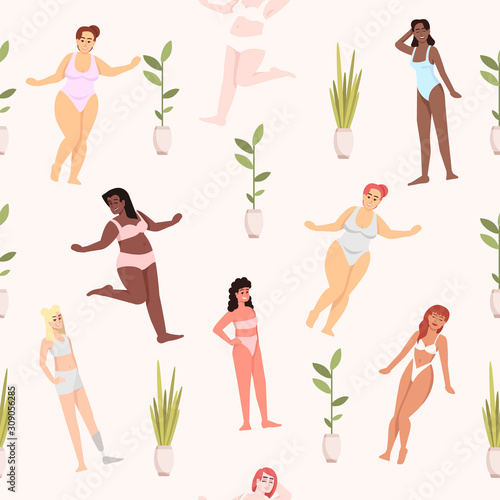 Body positive flat vector seamless pattern. White background with multicultural women in swimwear texture. Feminism. Plus size model. Smiling girls. Wrapping paper, wallpaper design with characters