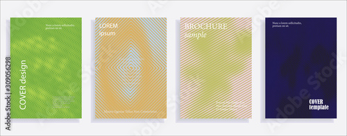 Minimalistic cover design templates. Set of layouts for covers of books, albums, notebooks, reports, magazines. Line halftone gradient effect, flat modern abstract design. Geometric mock-up texture