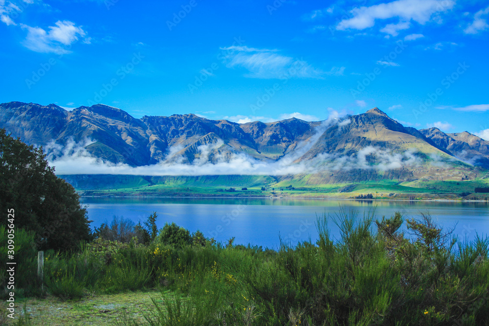 View of Remarkables mountain range and Lake Wakatipu in Queenstown, South Island, New Zealand