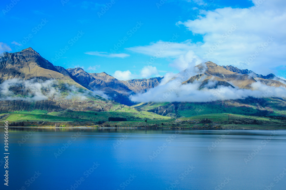 View of Remarkables mountain range and Lake Wakatipu in Queenstown, South Island, New Zealand View of Remarkables mountain range and Lake Wakatipu in Queenstown, South Island, New Zealand