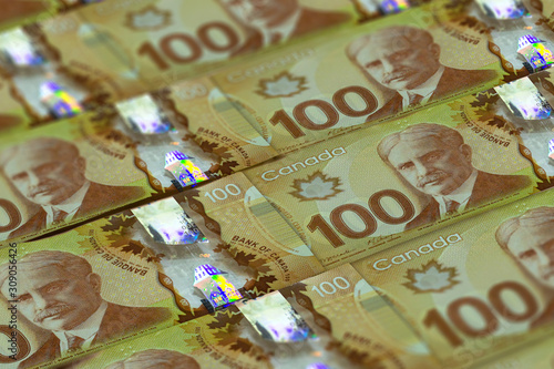 CAD. Canadian currency background. Closeup photo. Dollars of Canada. Ottawa