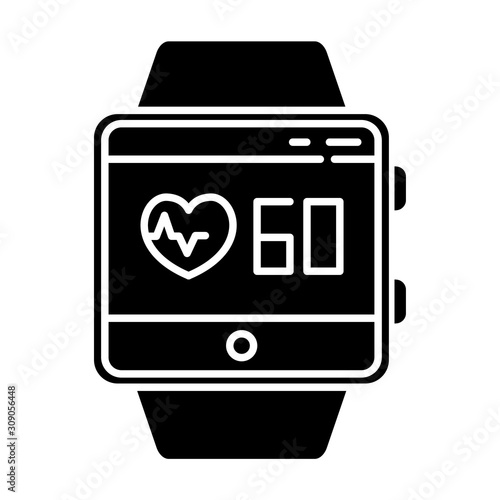 Heart rate tracking smartwatch function glyph icon. Indicators of health. Measurement of heart beats. Fitness wristband . Silhouette symbol. Negative space. Vector isolated illustration