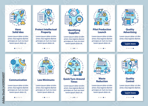 Local production onboarding mobile app page screen, linear concepts. Entrepreneurship. Business launch, development. Walkthrough steps graphic instructions. UX, UI, GUI vector template, illustrations