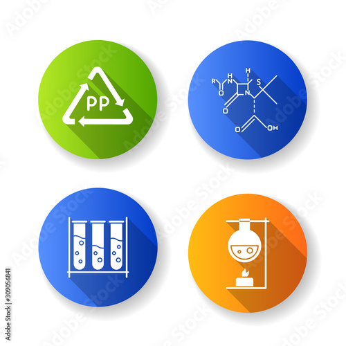 Science and nature flat design long shadow glyph icons set. Biotechnologies products. Recycling materials. Microbiology scientists. Organic chemistry. Vector silhouette illustration