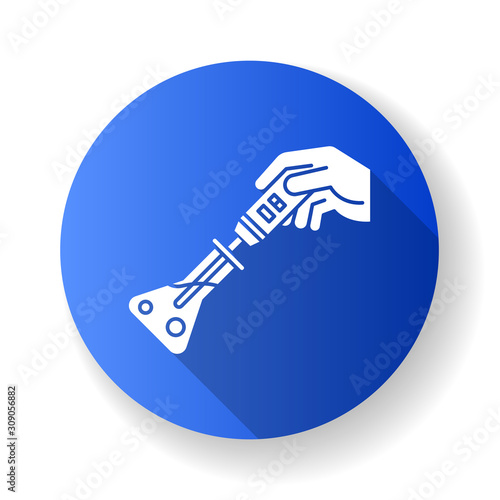 Testing reactives blue flat design long shadow glyph icon. Organic chemistry. Conducting experiment. Laboratory work. Interaction with chemicals. Scientific research. Vector silhouette illustration