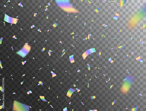 Holographic shiny falling confetti on transparent background. Rainbow festive tinsel. Glitch effect. Foil hologram. Color iridescent decoration for Christmas, Birthday, Wedding. Vector illustration photo