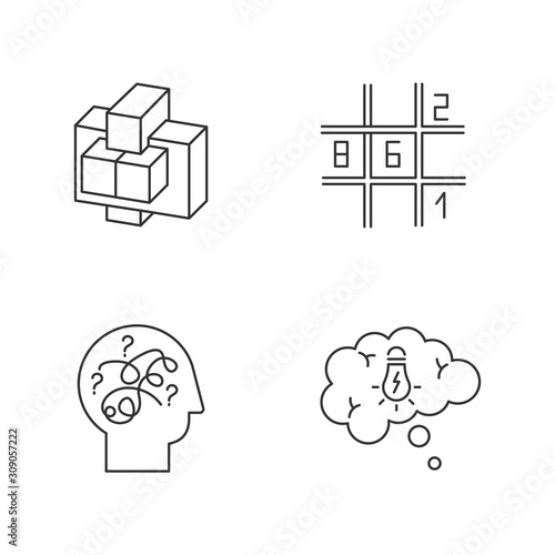 Puzzles and riddles linear icons set. Sudoku. Puzzled mind. Problem solving process. Thought bubble. Mechanical puzzle. Thin line contour symbols. Isolated vector outline illustration. Editable stroke