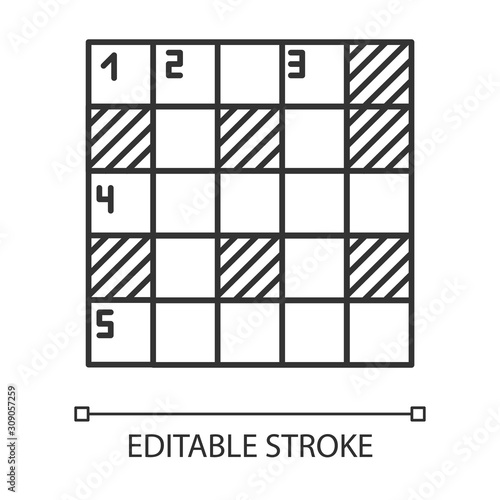 Mathematical puzzle linear icon. Sudoku grid. Number placement. Logic game. Cryptic crosswords. Brain teaser. Thin line illustration. Contour symbol. Vector isolated outline drawing. Editable stroke photo