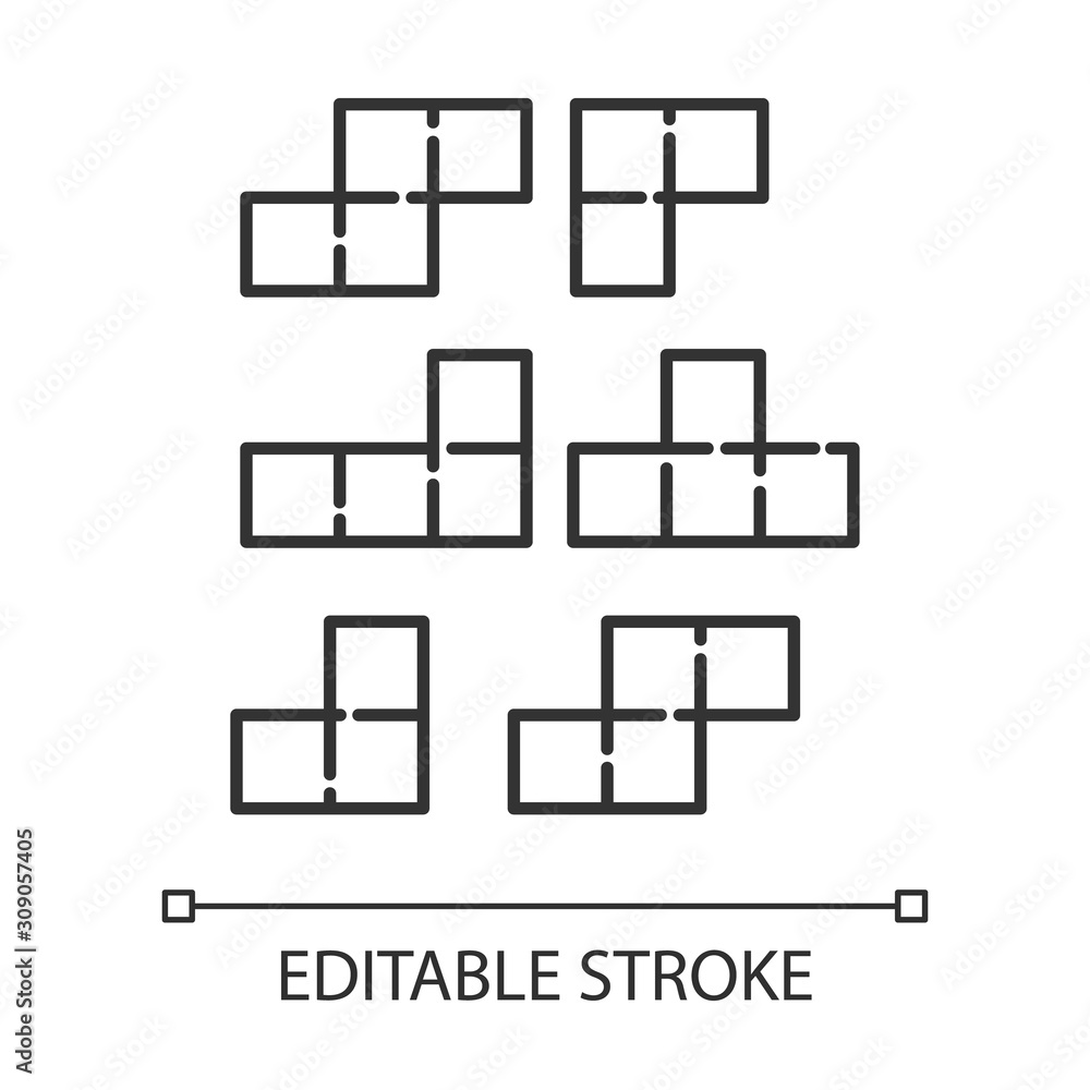 Tiling puzzle linear icon. Tile-matching game. Block arrangement. Ingenuity, intelligence test. Brain teaser. Thin line illustration. Contour symbol. Vector isolated outline drawing. Editable stroke Tiling puzzle linear icon. Tile-matching game. Block arrangement. Ingenuity, intelligence test. Brain teaser. Thin line illustration. Contour symbol. Vector isolated outline drawing. Editable stroke