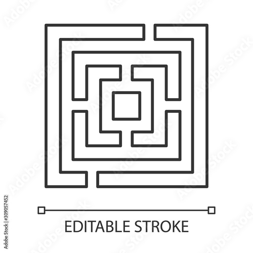 Maze puzzle linear icon. Labyrinth. Route, pathway finding. Mental exercise, challenge. Brain teaser. Thin line illustration. Contour symbol. Vector isolated outline drawing. Editable stroke