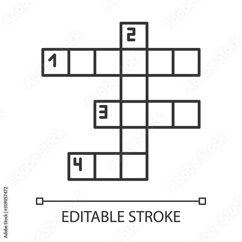 Crossword grid linear icon. Word puzzle. Quiz. Mental exercise. Challenge. Knowledge test. Brain teaser. Thin line illustration. Contour symbol. Vector isolated outline drawing. Editable stroke