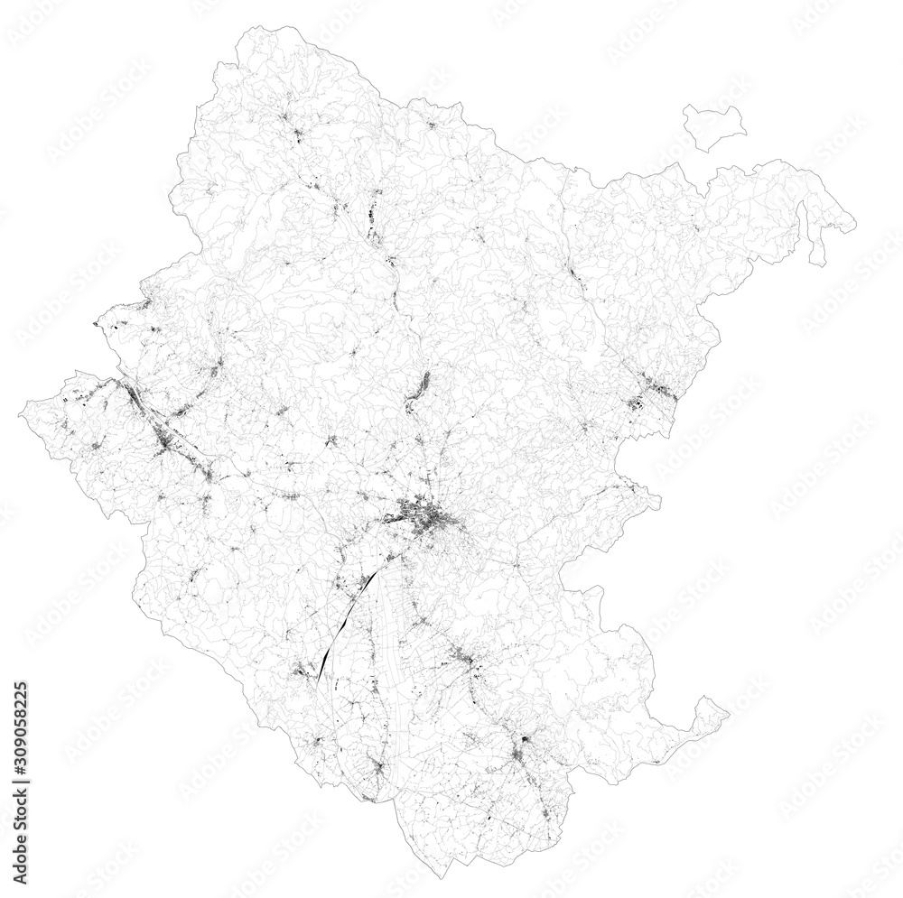 Satellite map of province of Arezzo towns and roads buildings