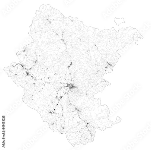 Satellite map of province of Arezzo, towns and roads, buildings and connecting roads of surrounding areas. Tuscany, Italy. Map roads, ring roads