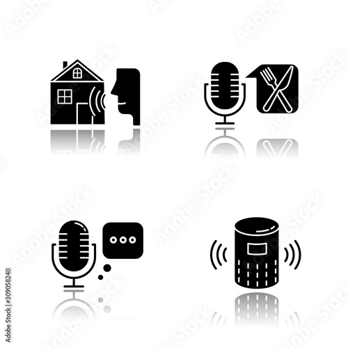 Remote control system drop shadow black glyph icons set. Virtual assistance. Microphones, speaker. Speech recognition equipment. Smart home technology, food order. Isolated vector illustrations