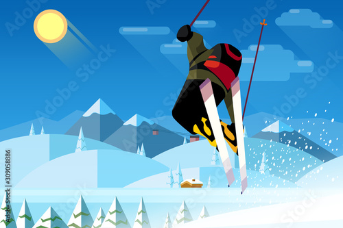 Person riding on ski skiing on snow in mountains on a sunny winter day