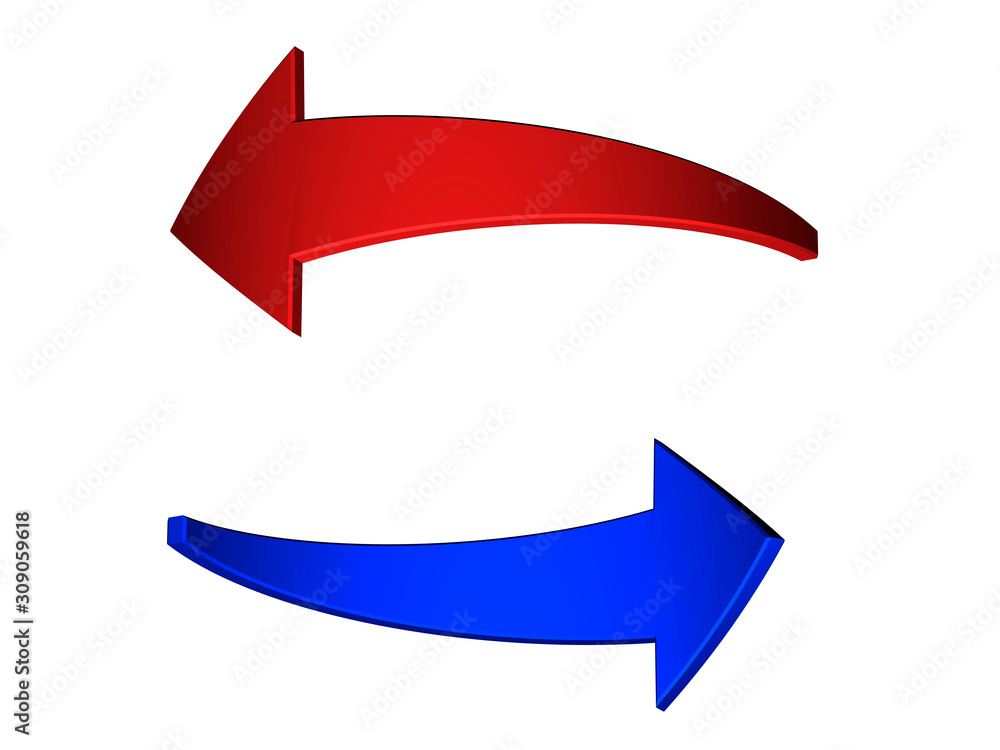 The blue and red arrows rotate according to the parameters. 3d rendering. The blue and red arrows rotate according to the parameters. 3d rendering.