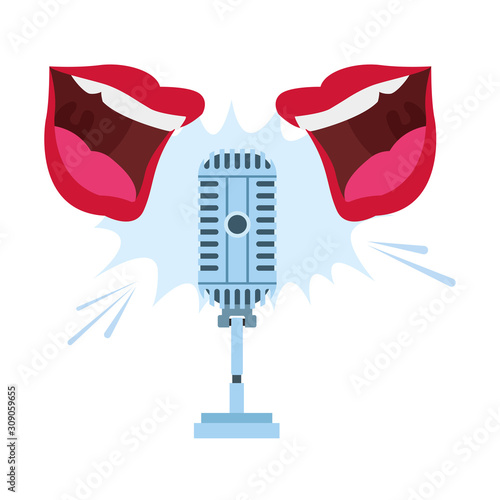 two mouths speaking to retro microphone icon