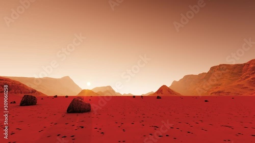 Mars surface on dark background. Desert, sand. Alien landscape. Planet earth. Red planet mars. 4k