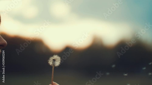 Portrait of a beautiful young woman blowing on the ripened dandelion in the evening against the background of the sunset sun. 4K slow motion video.