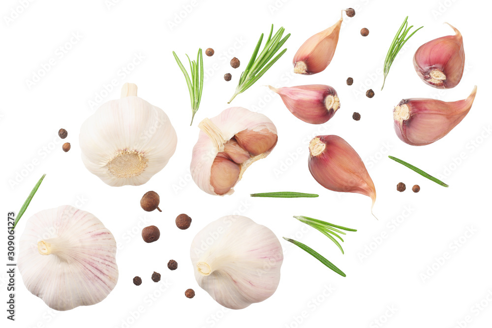 garlic with rosemary, peppercorns and allspice isolated on white background. top view garlic with rosemary, peppercorns and allspice isolated on white background. top view
