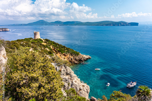 View on Torre del Bollo in Regional Natural Park Porto Conte (Sardinia, Italy, popular travel destination in Europe)