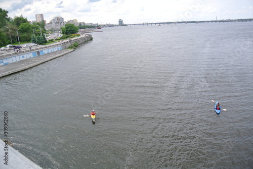 Kayaks on the Dnieper River. Ukraine. Swim Sport.